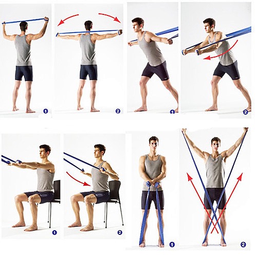 Некоторые комплексы можно выполнять с помощью эспандера. Обратите внимание как правильно их выполнять